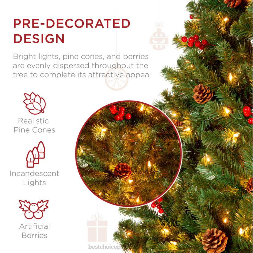 4LT254 Berries Best Choice Products Pre-Lit Pre-Decorated Spruce Christmas Tree w/ Pine Cones