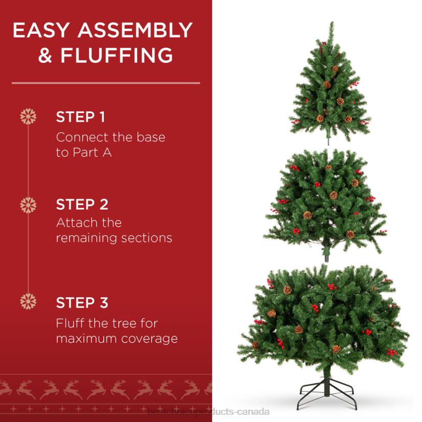 4LT255 Berries Best Choice Products Pre-Lit Pre-Decorated Spruce Christmas Tree w/ Pine Cones