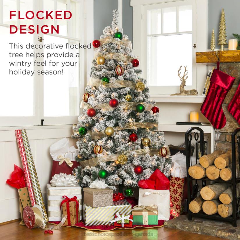 4LT25 Warm White Lights Best Choice Products Pre-Lit Snow Flocked Artificial Pine Christmas Tree w