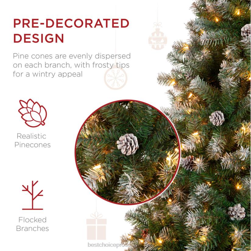 4LT275 Beauty Best Choice Products Pre-Lit Pre-Decorated Christmas Tree w/ Flocked Tips, Pine Cones