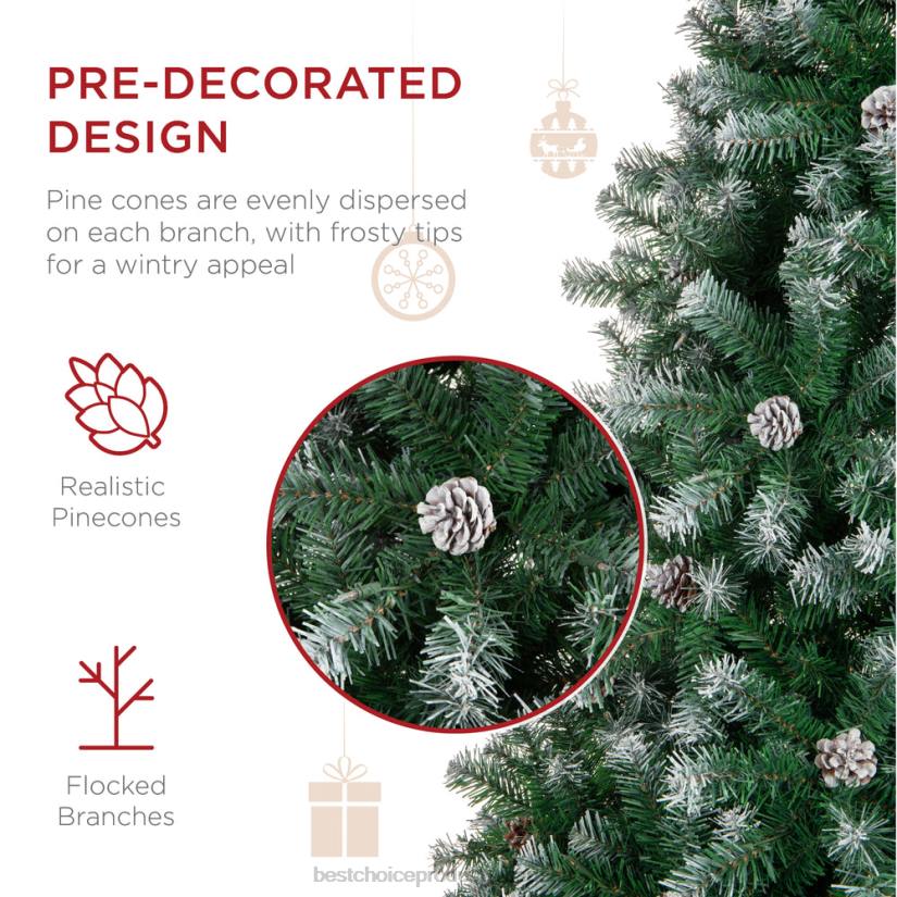 4LT2102 Beauty Best Choice Products Pre-Decorated Christmas Tree w/ Pine Cones, Flocked Branch Tips