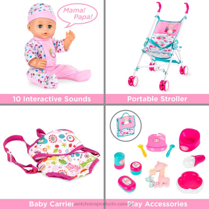 4LT2323 Pink Best Choice Products Kids 15-Piece 13.5in Newborn Baby Doll Role Play Playset w/ Accessories