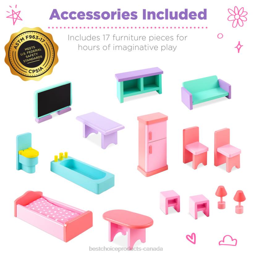 4LT2528 Multicolor Best Choice Products 3-Story Wood Dollhouse, Large Open Mansion w/ 5 Rooms, 17 Accessories