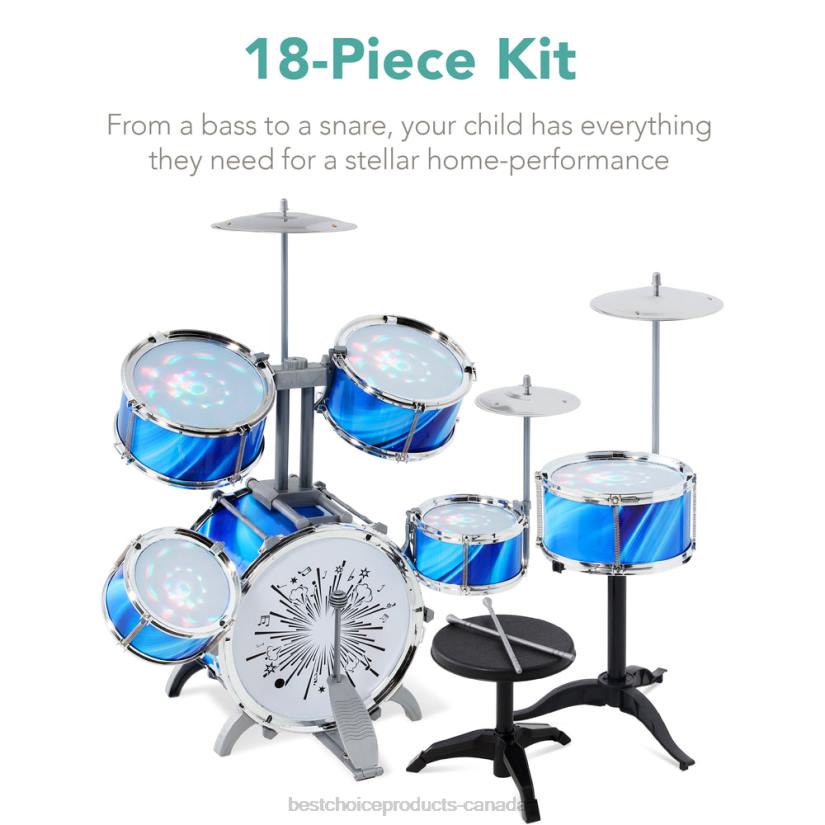 4LT2562 Blue Best Choice Products 18-Piece Kids Beginner Drum Kit, Musical Instrument Toy Set w/ LED Lights