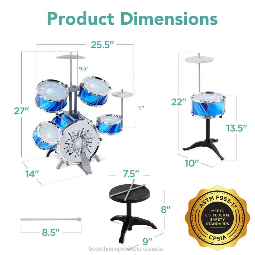 4LT2562 Blue Best Choice Products 18-Piece Kids Beginner Drum Kit, Musical Instrument Toy Set w/ LED Lights