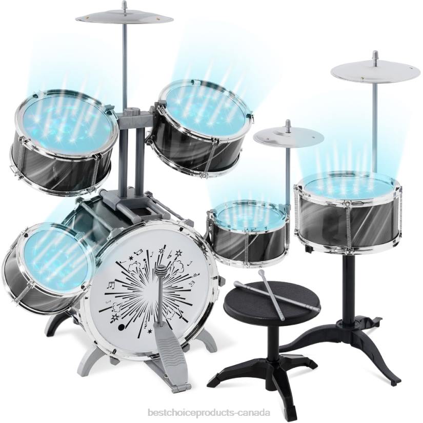 4LT2563 Black Best Choice Products 18-Piece Kids Beginner Drum Kit, Musical Instrument Toy Set w/ LED Lights