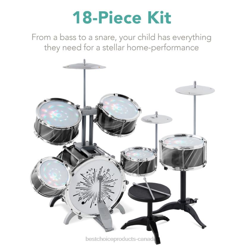 4LT2563 Black Best Choice Products 18-Piece Kids Beginner Drum Kit, Musical Instrument Toy Set w/ LED Lights