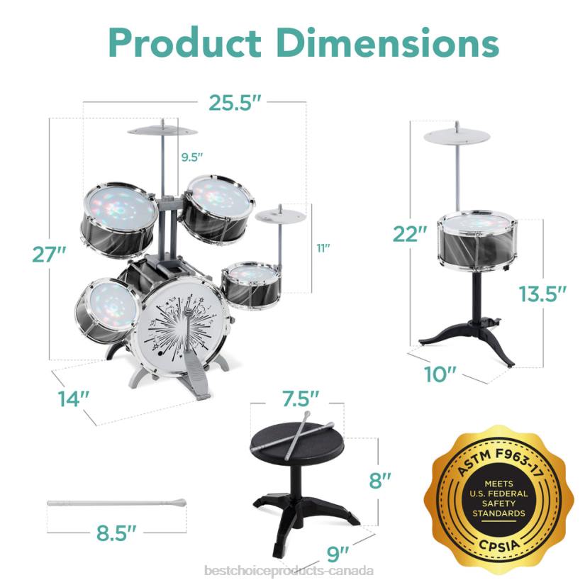 4LT2563 Black Best Choice Products 18-Piece Kids Beginner Drum Kit, Musical Instrument Toy Set w/ LED Lights