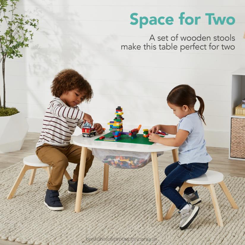 4LT21014 White Best Choice Products 2-in-1 Kid's Building Block Table w/ 2 Stools, Storage Compartment
