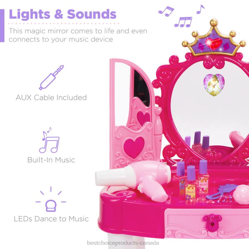 4LT21031 Pink Best Choice Products Kids Princess Vanity Mirror w/ AUX Cable, Wand, Hairdryer, Accessories