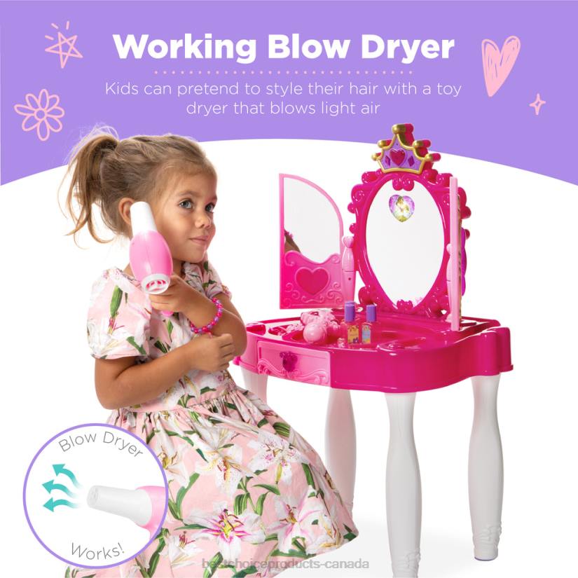 4LT21031 Pink Best Choice Products Kids Princess Vanity Mirror w/ AUX Cable, Wand, Hairdryer, Accessories