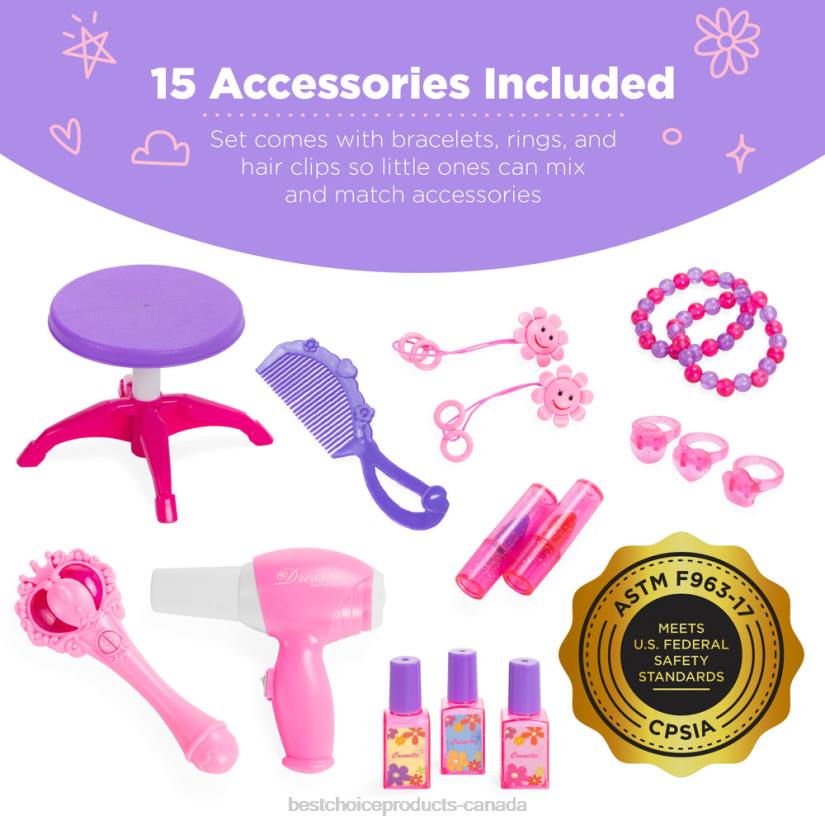 4LT21031 Pink Best Choice Products Kids Princess Vanity Mirror w/ AUX Cable, Wand, Hairdryer, Accessories