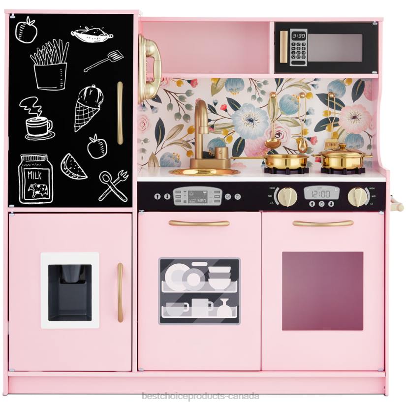 4LT2295 Pink Floral Best Choice Products Pretend Play Kitchen Wooden Toy Set for Kids with 11 Accessories