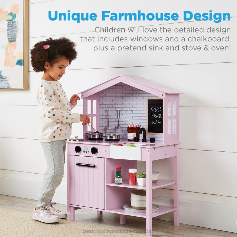 4LT2297 Pink Best Choice Products Kids Farmhouse Play Kitchen w/ Chalkboard, Storage Shelves, 5 Accessories