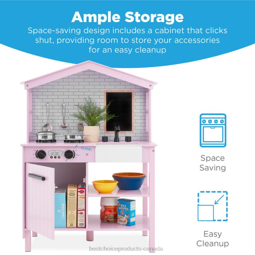 4LT2297 Pink Best Choice Products Kids Farmhouse Play Kitchen w/ Chalkboard, Storage Shelves, 5 Accessories