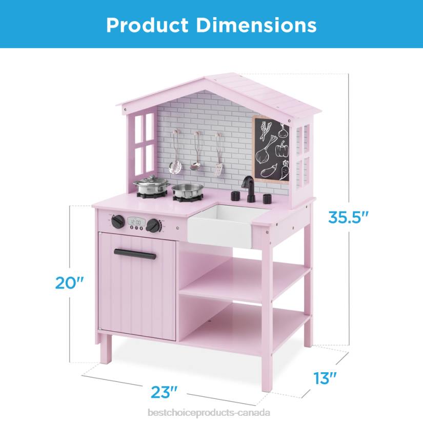4LT2297 Pink Best Choice Products Kids Farmhouse Play Kitchen w/ Chalkboard, Storage Shelves, 5 Accessories