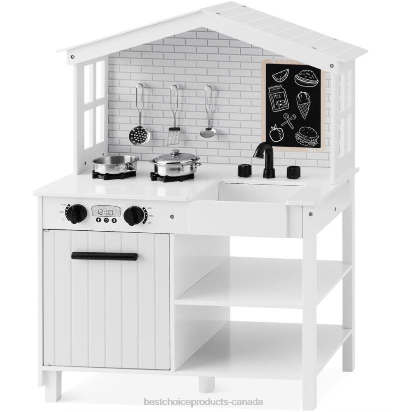 4LT2298 White Best Choice Products Kids Farmhouse Play Kitchen w/ Chalkboard, Storage Shelves, 5 Accessories