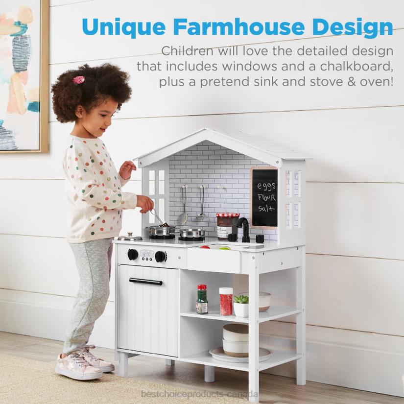 4LT2298 White Best Choice Products Kids Farmhouse Play Kitchen w/ Chalkboard, Storage Shelves, 5 Accessories