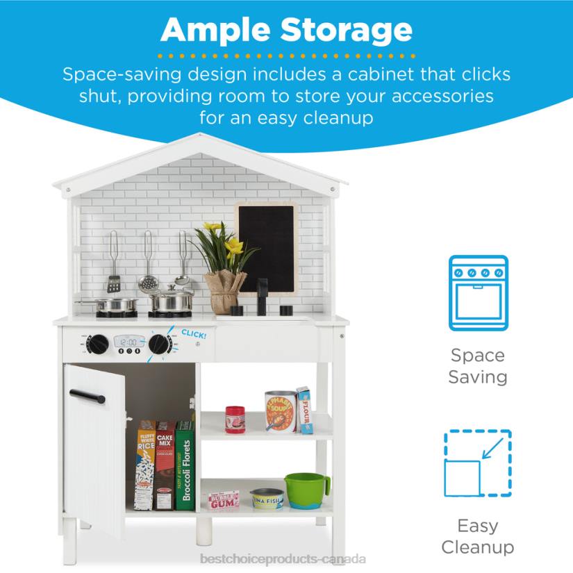 4LT2298 White Best Choice Products Kids Farmhouse Play Kitchen w/ Chalkboard, Storage Shelves, 5 Accessories