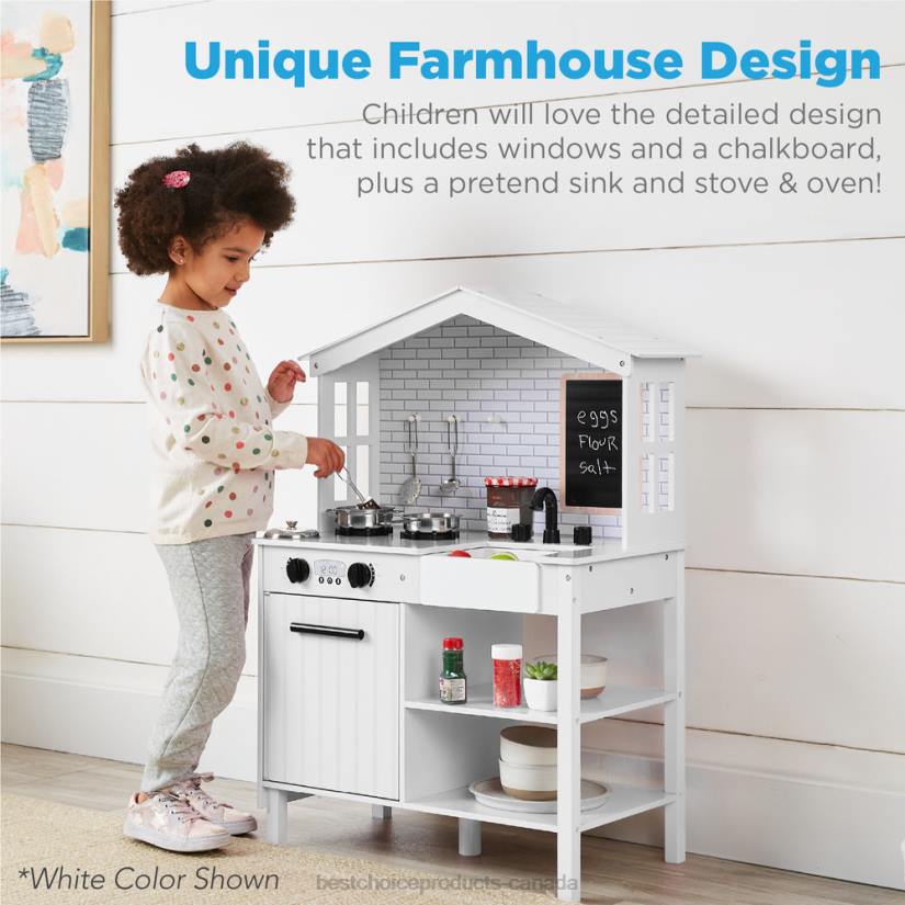 4LT2299 Beveled White Best Choice Products Kids Farmhouse Play Kitchen w/ Chalkboard, Storage Shelves, 5 Accessories