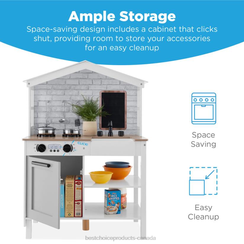 4LT2299 Beveled White Best Choice Products Kids Farmhouse Play Kitchen w/ Chalkboard, Storage Shelves, 5 Accessories