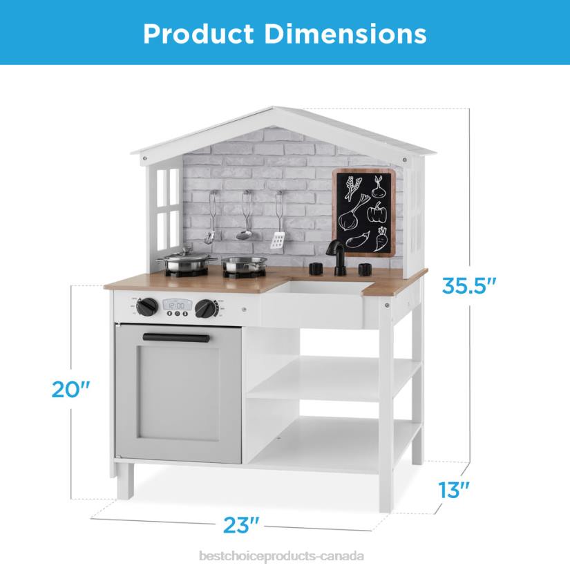 4LT2299 Beveled White Best Choice Products Kids Farmhouse Play Kitchen w/ Chalkboard, Storage Shelves, 5 Accessories