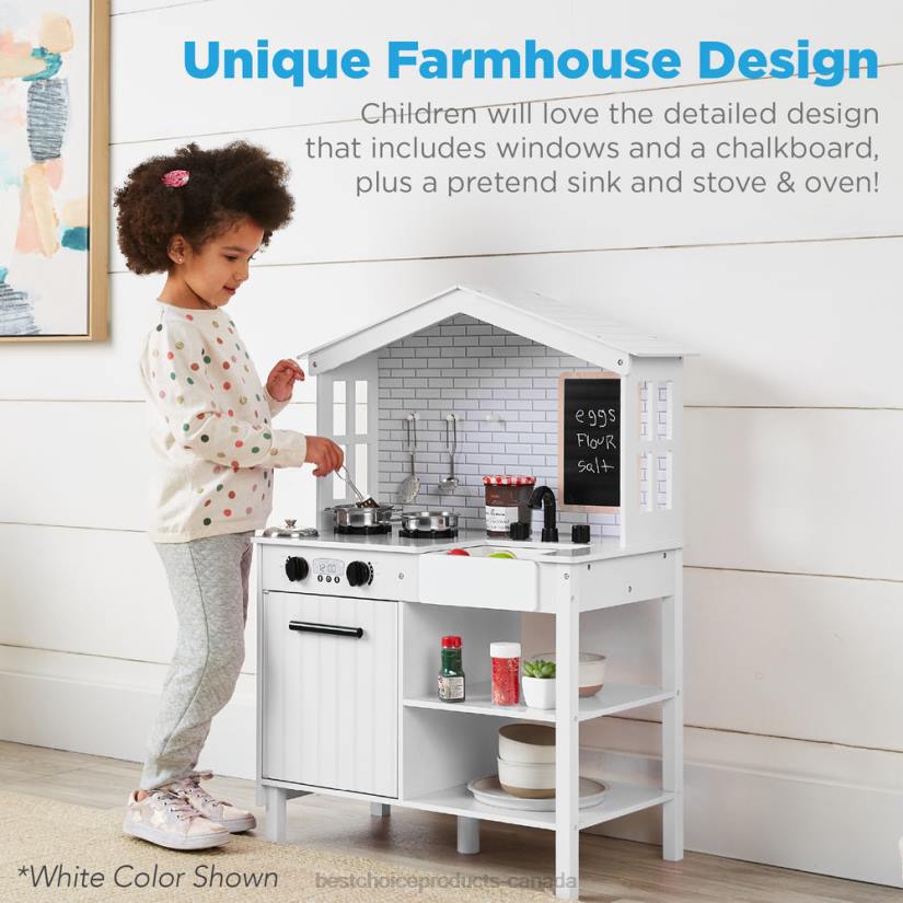 4LT2300 Beveled Pink Best Choice Products Kids Farmhouse Play Kitchen w/ Chalkboard, Storage Shelves, 5 Accessories