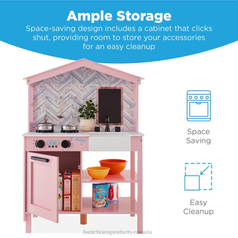 4LT2300 Beveled Pink Best Choice Products Kids Farmhouse Play Kitchen w/ Chalkboard, Storage Shelves, 5 Accessories