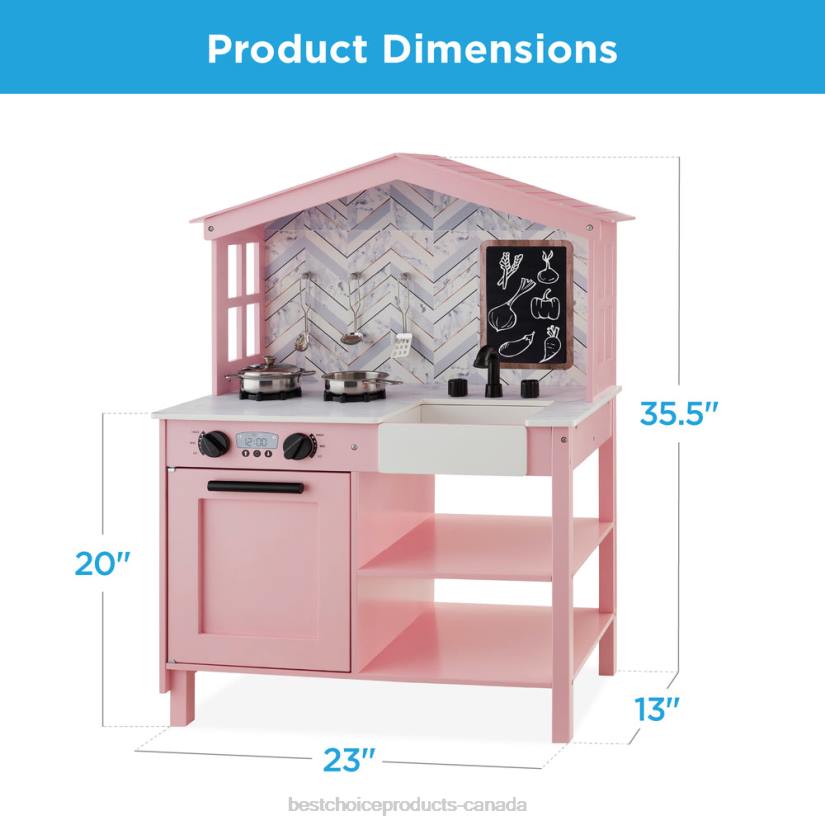 4LT2300 Beveled Pink Best Choice Products Kids Farmhouse Play Kitchen w/ Chalkboard, Storage Shelves, 5 Accessories