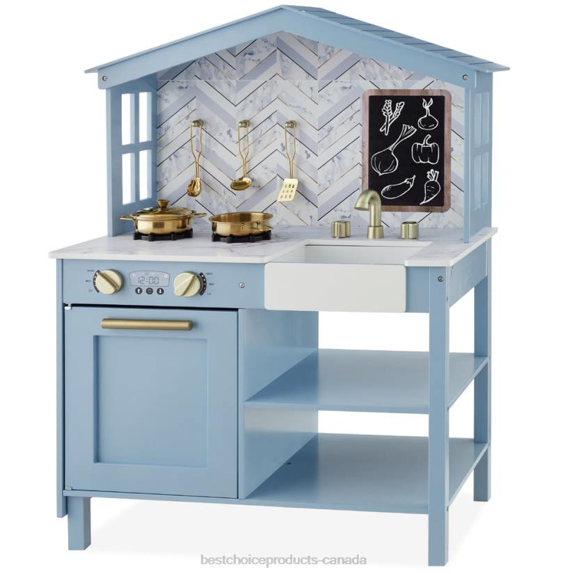 4LT2301 Beveled Blue Best Choice Products Kids Farmhouse Play Kitchen w/ Chalkboard, Storage Shelves, 5 Accessories