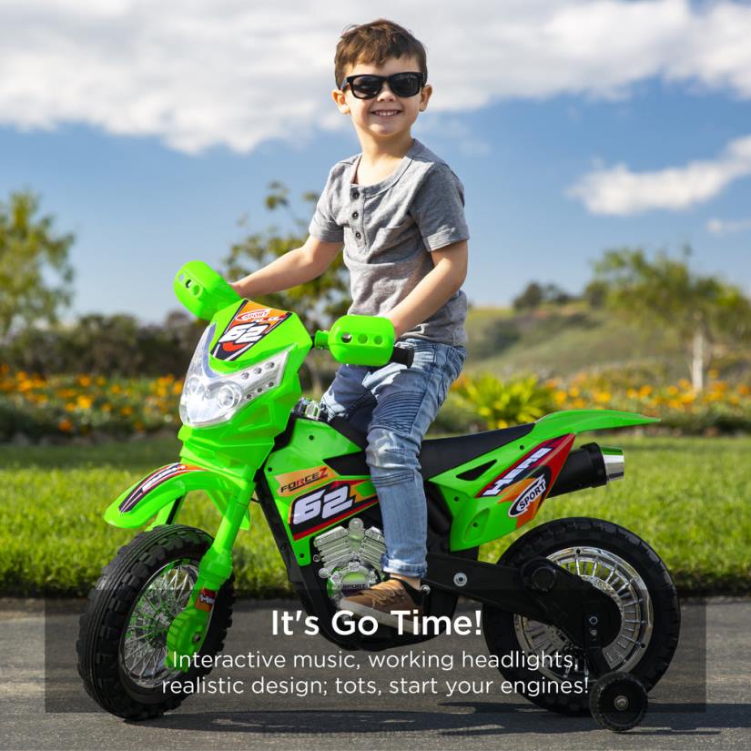 4LT2518 Green Best Choice Products 6V Kids Electric Ride-On Motorcycle Toy w/ Training Wheels, Lights, Music