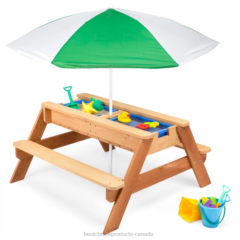 4LT21004 Green Best Choice Products 3-in-1 Kids Sand & Water Table Outdoor Wood Picnic Table w/ Umbrella