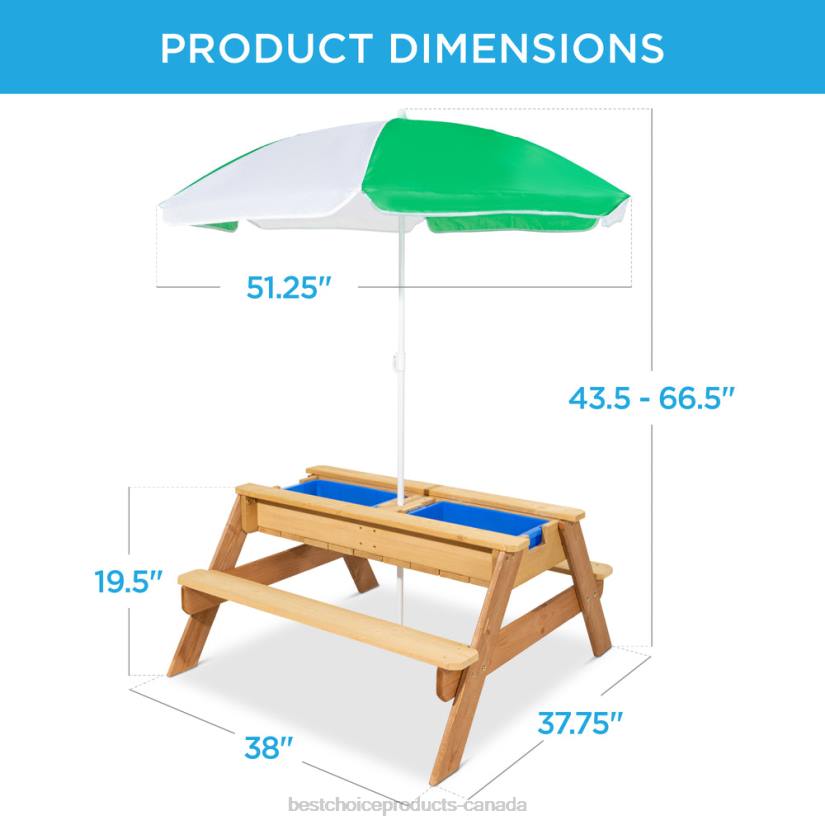4LT21004 Green Best Choice Products 3-in-1 Kids Sand & Water Table Outdoor Wood Picnic Table w/ Umbrella