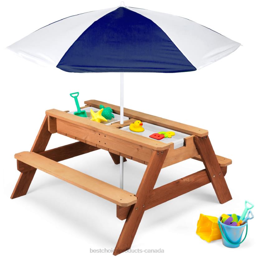 4LT21005 Navy Best Choice Products 3-in-1 Kids Sand & Water Table Outdoor Wood Picnic Table w/ Umbrella