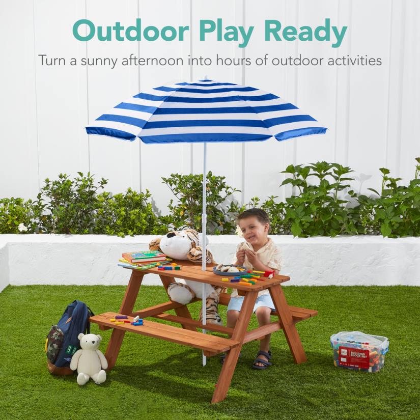 4LT21012 Navy Blue Best Choice Products Kids Wooden Outdoor Picnic Table w/ Adjustable Umbrella, Built-In Seats