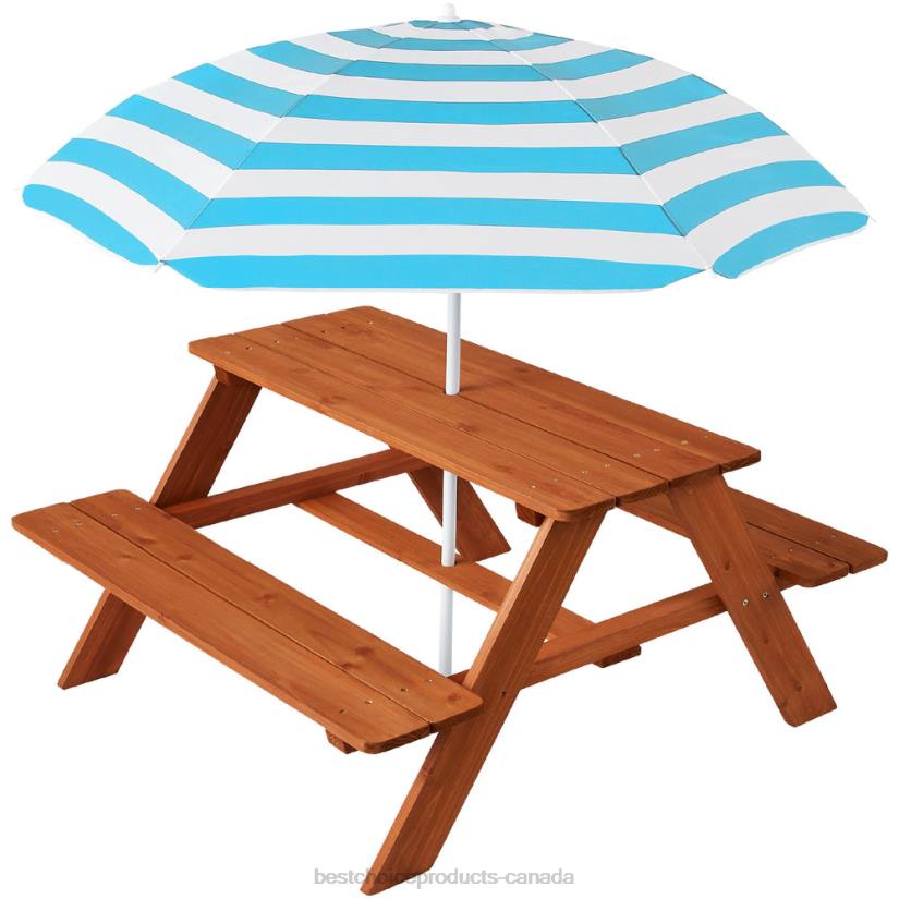 4LT21013 Aqua Best Choice Products Kids Wooden Outdoor Picnic Table w/ Adjustable Umbrella, Built-In Seats