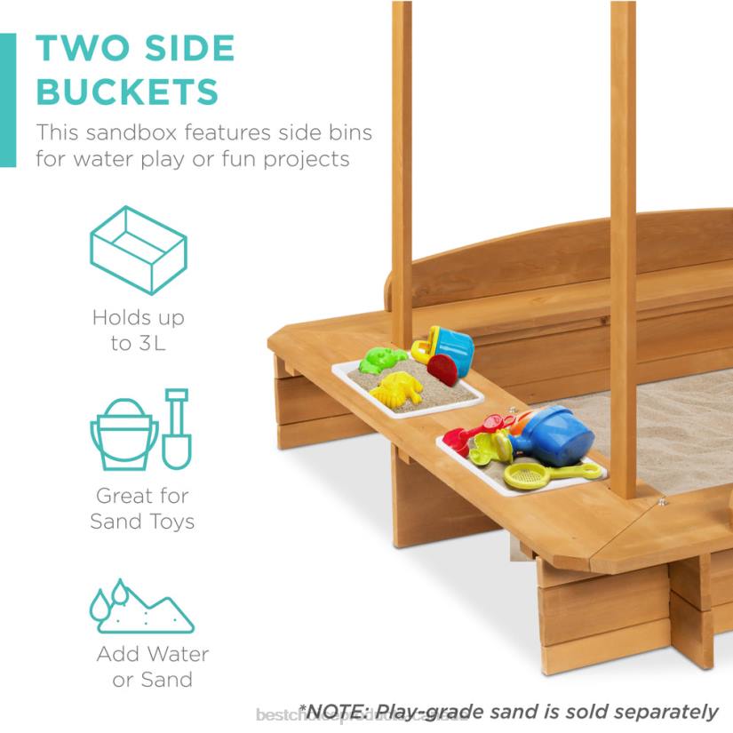4LT21030 Natural Best Choice Products Kids Wooden Cabana Sandbox w/ Benches, Canopy Shade, Sand Cover, 2 Buckets