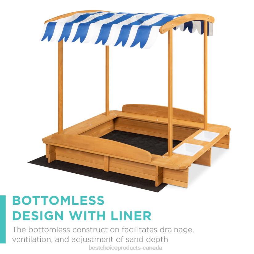 4LT21030 Natural Best Choice Products Kids Wooden Cabana Sandbox w/ Benches, Canopy Shade, Sand Cover, 2 Buckets